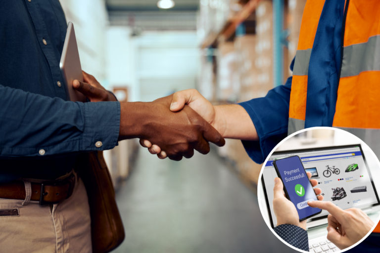 Hands shaking in a logistics warehouse
