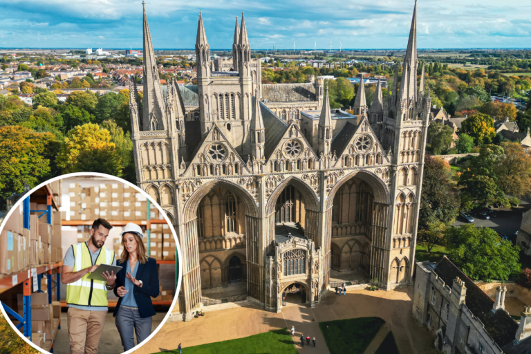 Peterborough cathedral and a logistics warehouse